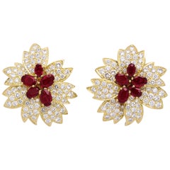 Yellow Gold, Oval Ruby and Diamond Flower Earrings