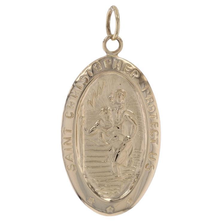 Yellow Gold Oval Saint Christopher Faith Medal Pendant - 14k Protection Catholic For Sale