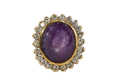 Yellow Gold Oval Star Sapphire Cabochon and Scalloped Diamond Halo Ring