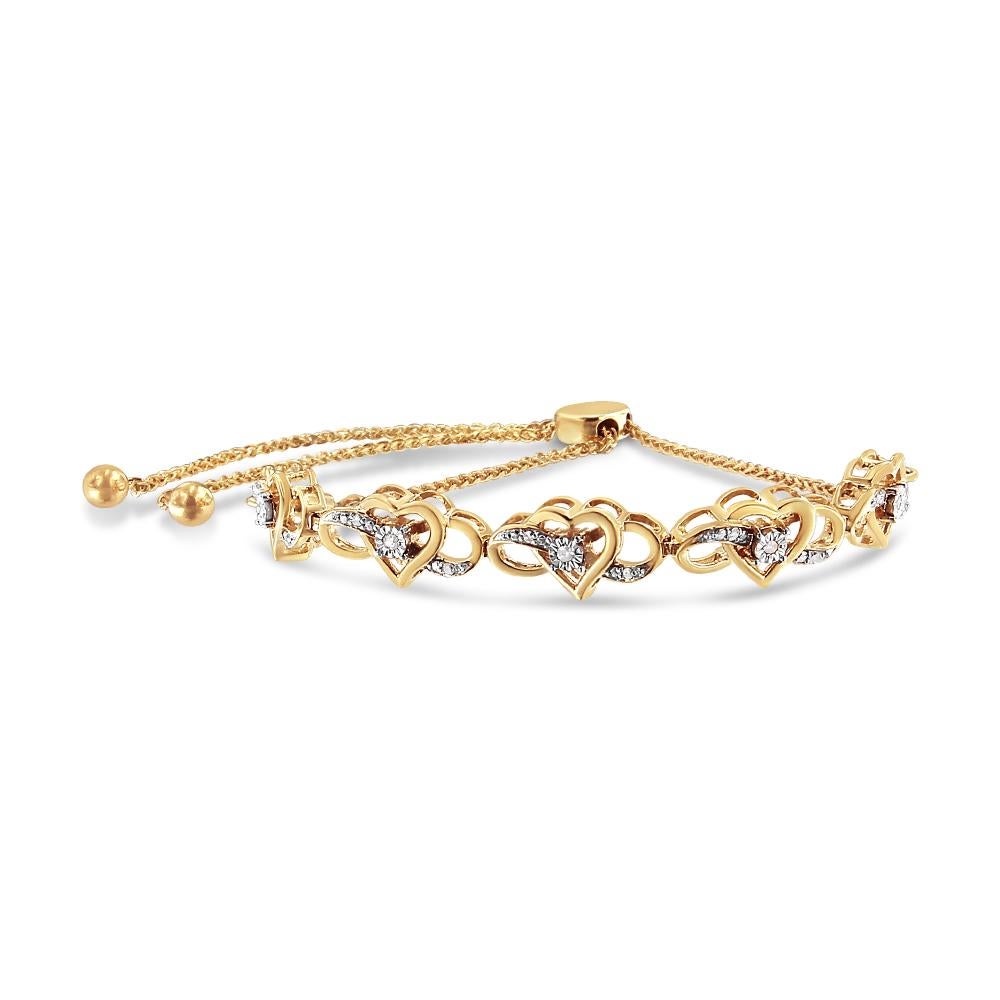 This heartfelt diamond bolo bracelet features a meaningful symbolism of everlasting love in a repeating motif of infinity symbols interwoven with openwork heart shapes in 14K yellow gold plated .925 sterling silver. This sentimental pattern is