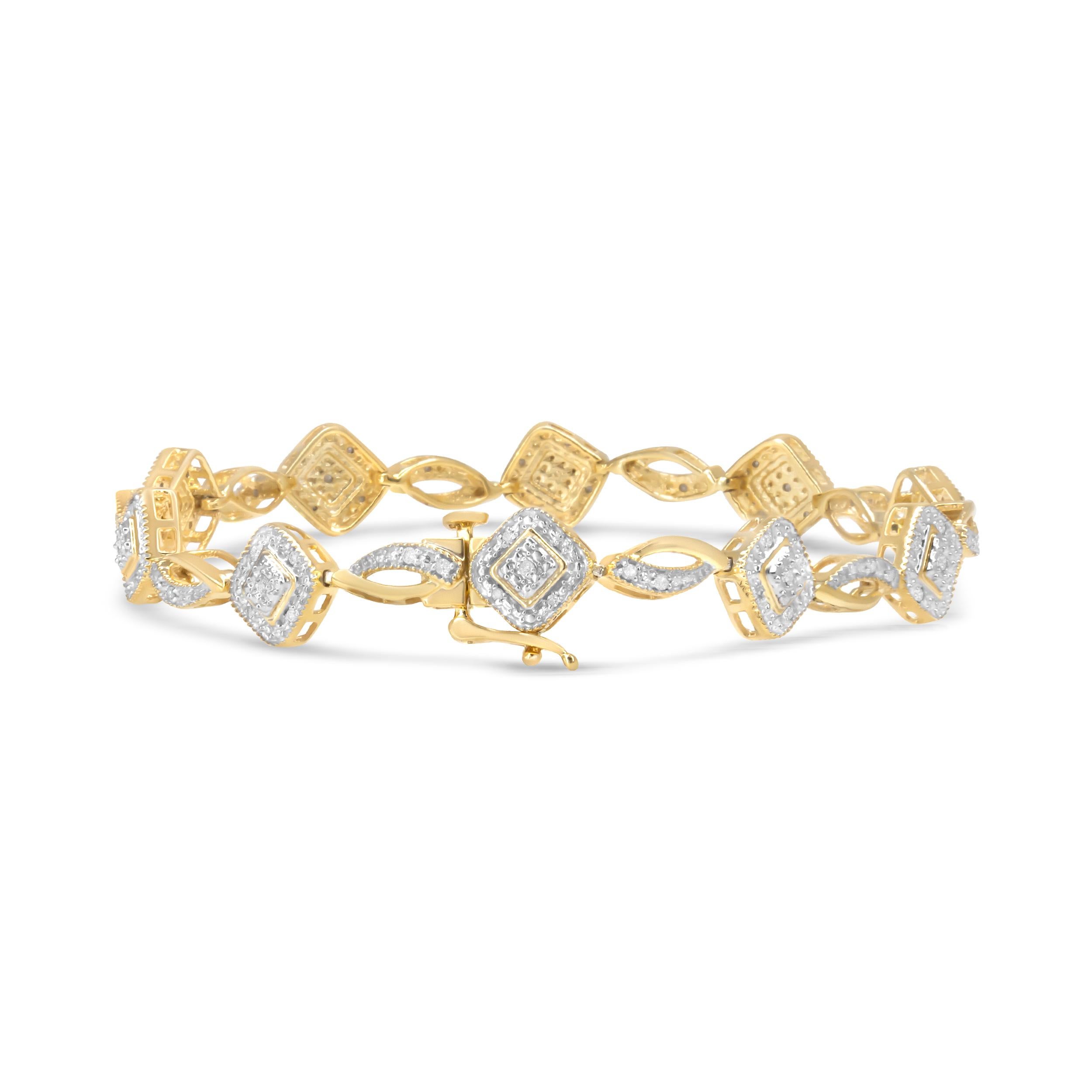 A modern design with an art deco twist, this striking silver link bracelet is coated with the most luxurious 10k yellow gold. The uniquely shaped gold links are set with a natural, round-cut diamonds in a classic prong setting. This bracelet shines
