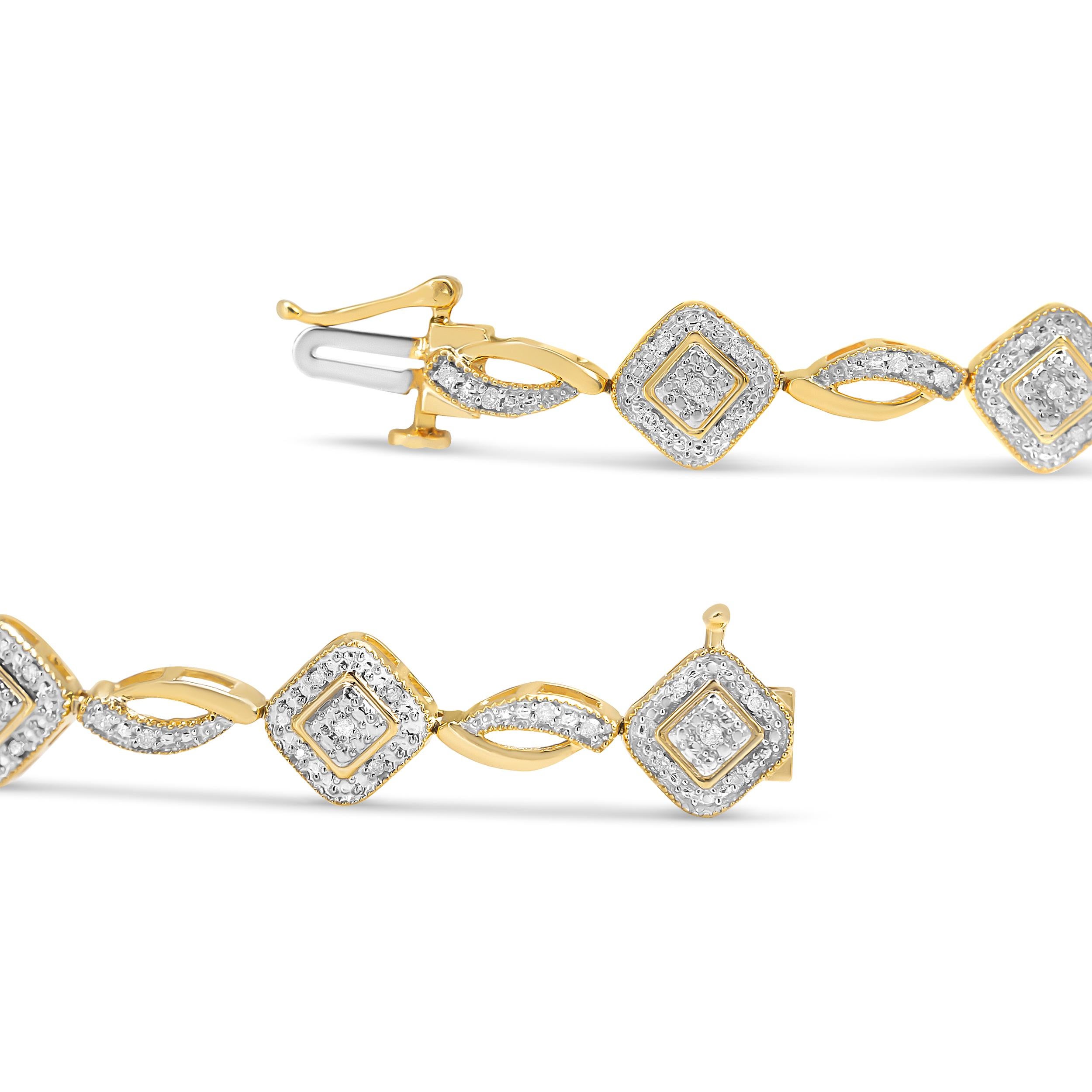 Contemporary Yellow Gold over Silver 1/4 Cttw Diamond Art Deco Square and Swirl Link Bracelet For Sale