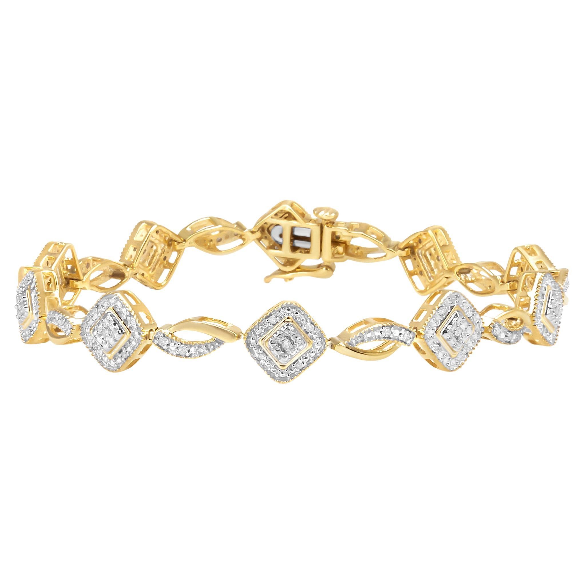 Yellow Gold over Silver 1/4 Cttw Diamond Art Deco Square and Swirl Link Bracelet For Sale