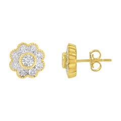 Yellow Gold over Silver 1/6 Carat Miracle-Plate Set Diamond Floral Stud Earrings