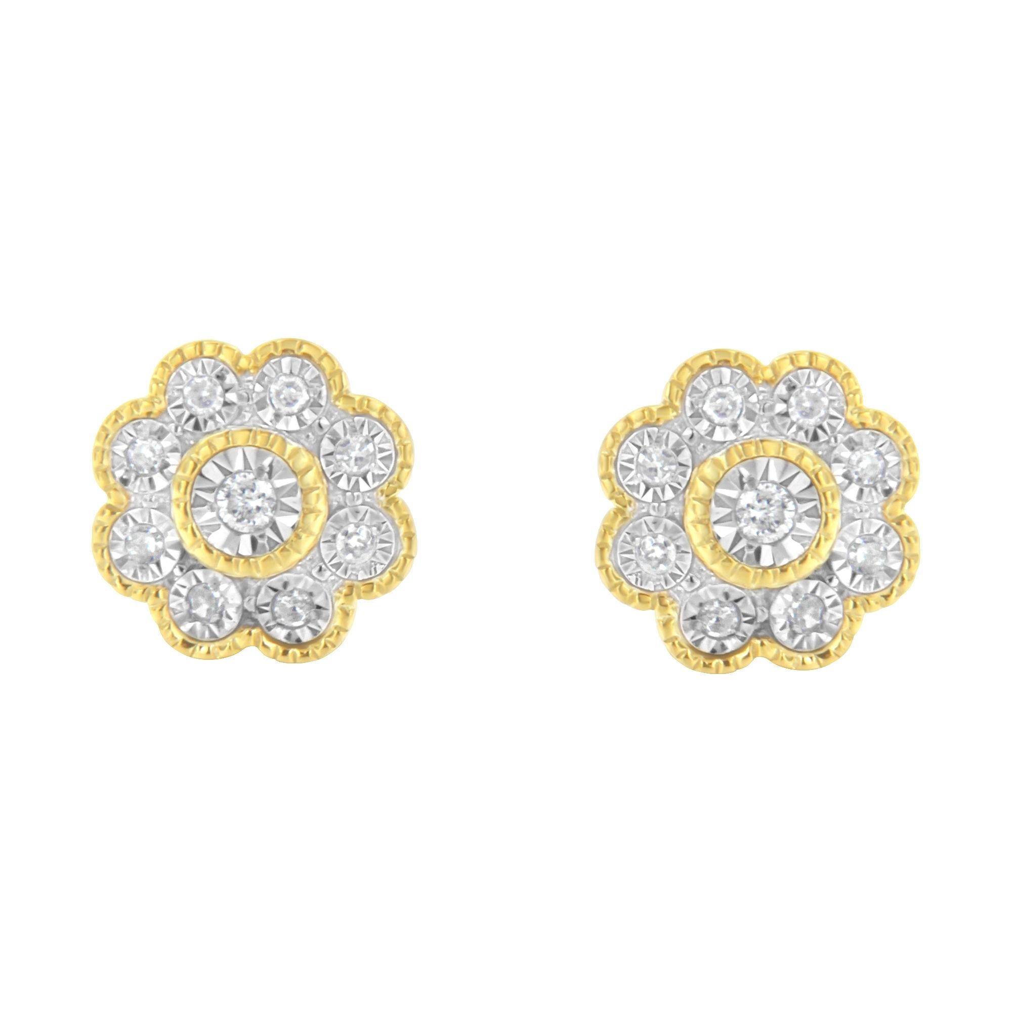 Contemporary Yellow Gold over Silver 1/6 Carat Miracle-Plate Set Diamond Floral Stud Earrings For Sale
