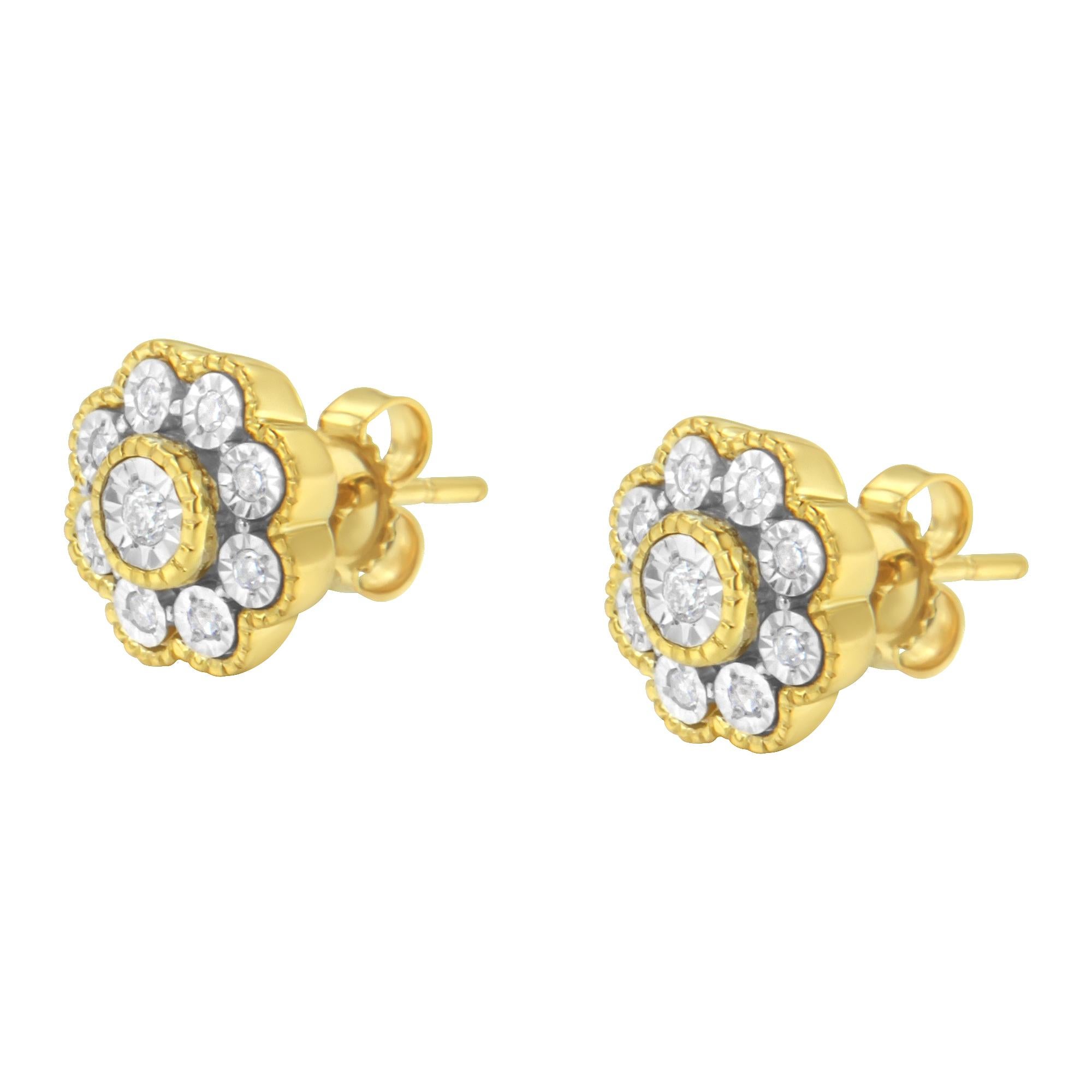 Round Cut Yellow Gold over Silver 1/6 Carat Miracle-Plate Set Diamond Floral Stud Earrings For Sale