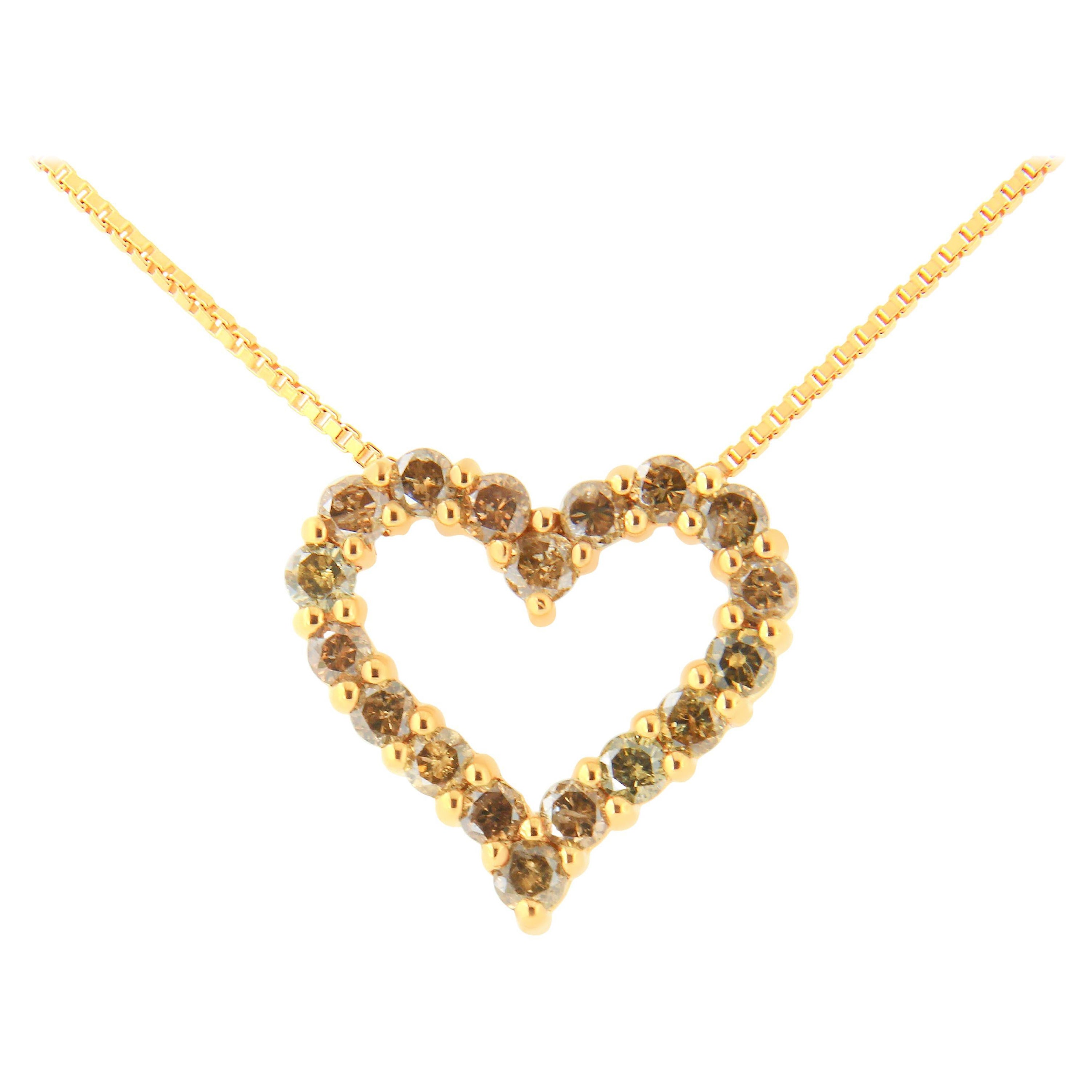 Yellow Gold Over Silver 1.0 Carat Champagne Diamond Heart Pendant Necklace For Sale