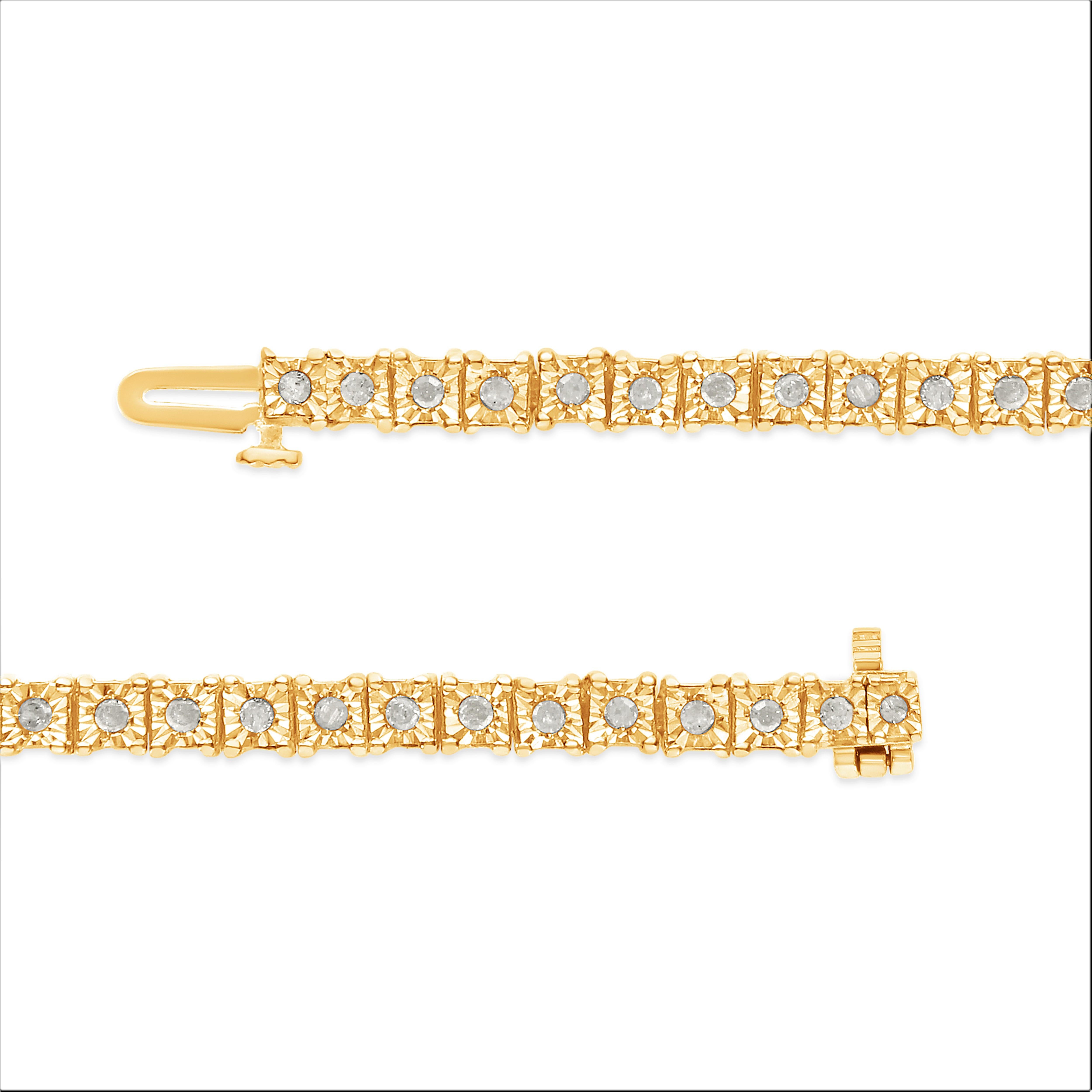 Taille ronde Bracelet tennis Miracle en or jaune sur argent avec cadre carré en diamants de 1,0 carat en vente