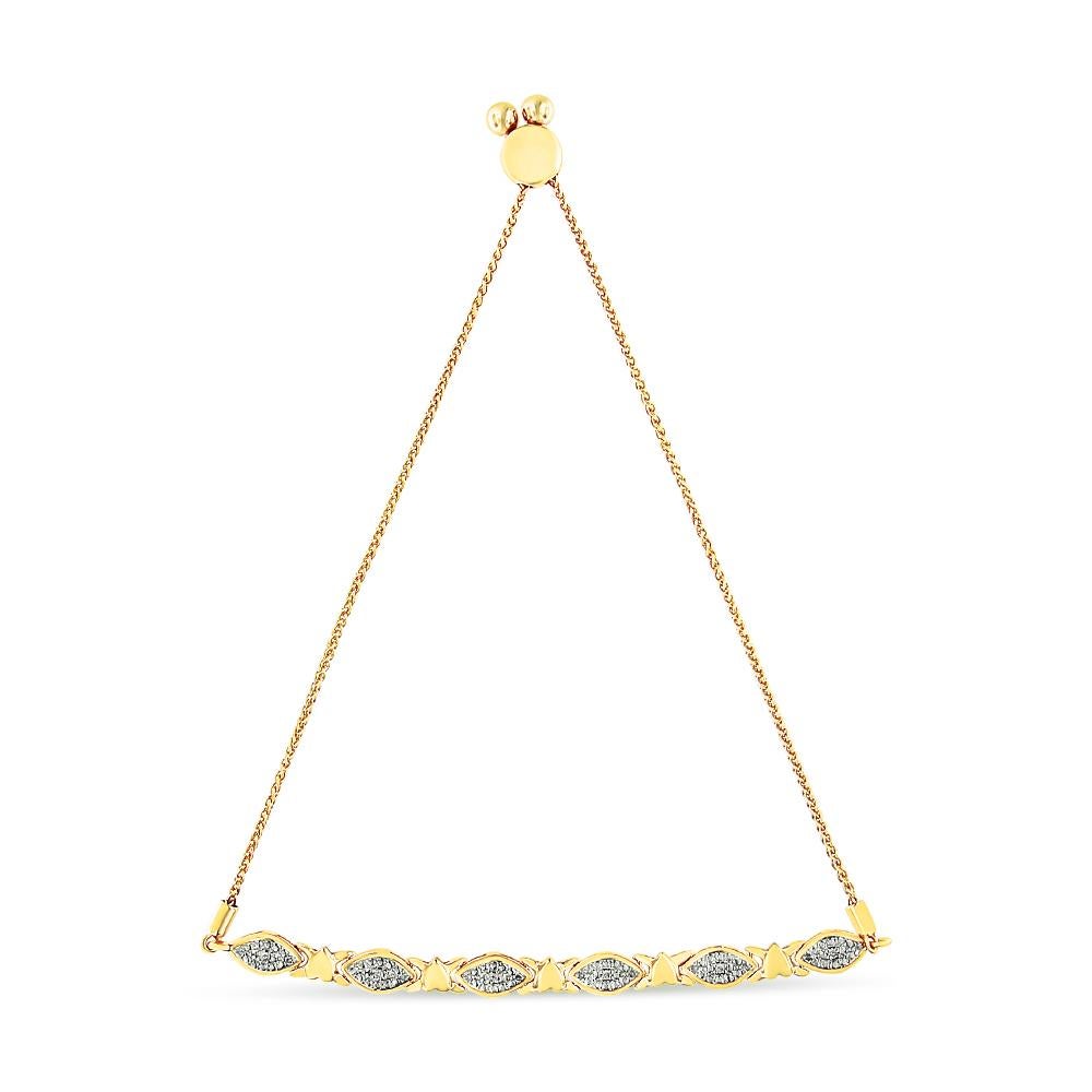 Equal parts sweet and elegant, the bracelet comprises an array of details that make it extra special. The 14K yellow gold plated .925 Sterling Silver bolo chain is linked to six marquise shaped charms that are pavéd with natural round diamonds,