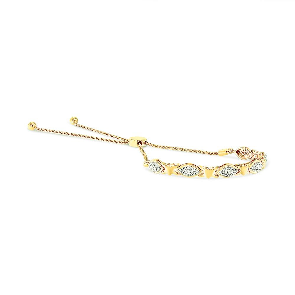 Modern Yellow Gold over Silver Diamond Accent Marquise Shape & Heart Link Bolo Bracelet For Sale