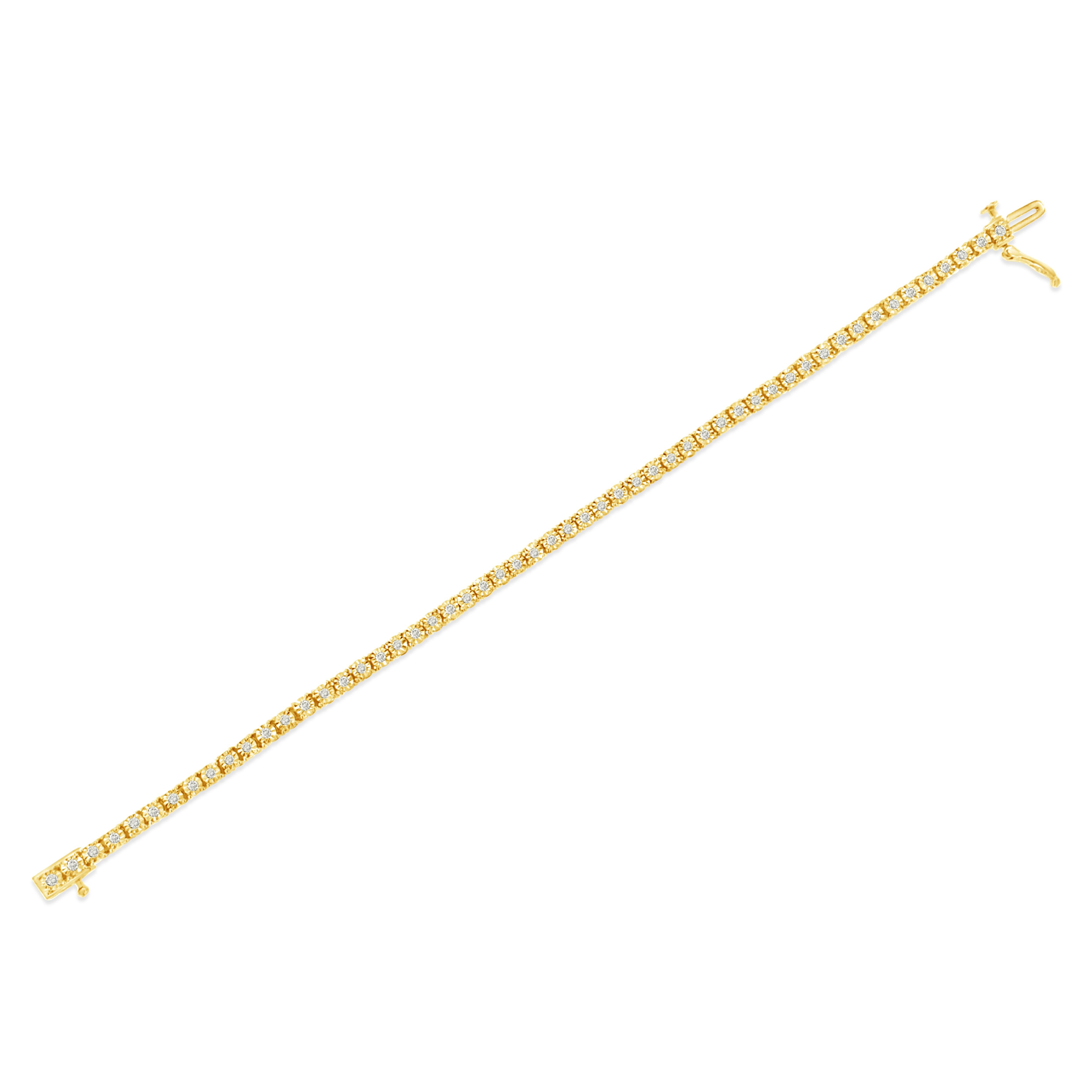 Round Cut Yellow Gold Over Sterling Silver 1.0 Carat Diamond Round Faceted Tennis Bracelet For Sale