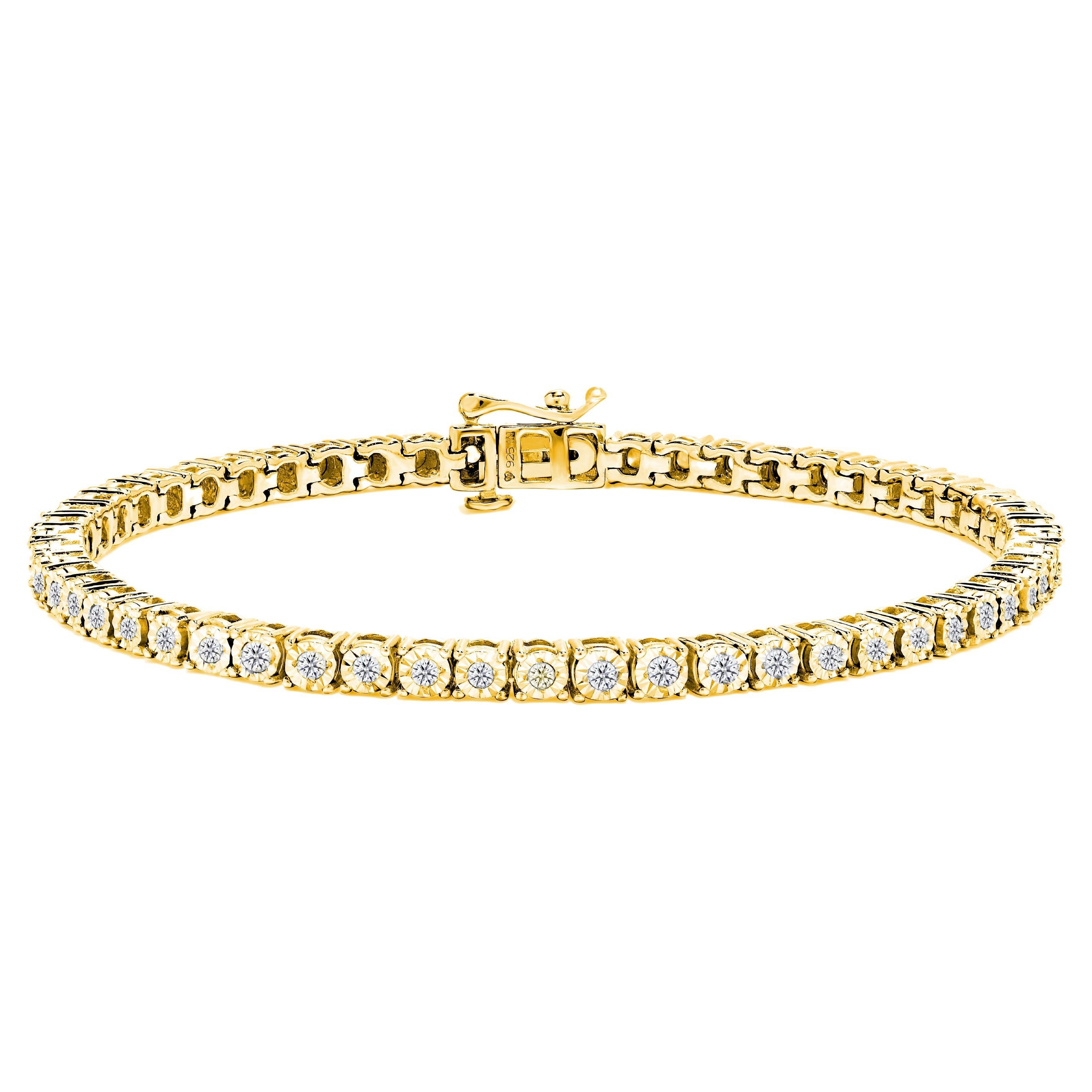 Bracelet tennis facetté en or jaune sur argent sterling avec diamants ronds de 1,0 carat
