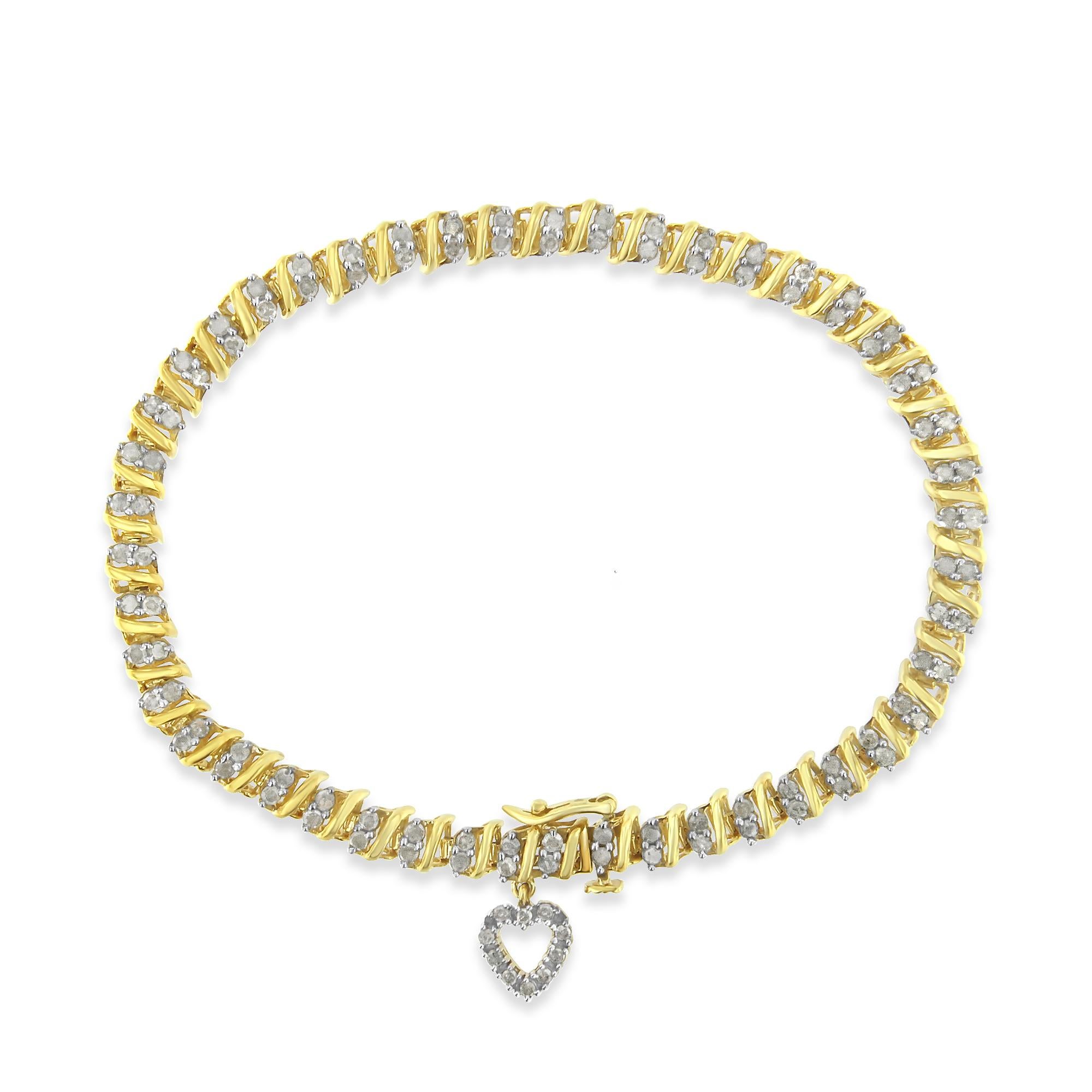 Contemporary Yellow Gold Over Sterling Silver 2.0 Carat Diamond Heart Charm Link Bracelet For Sale