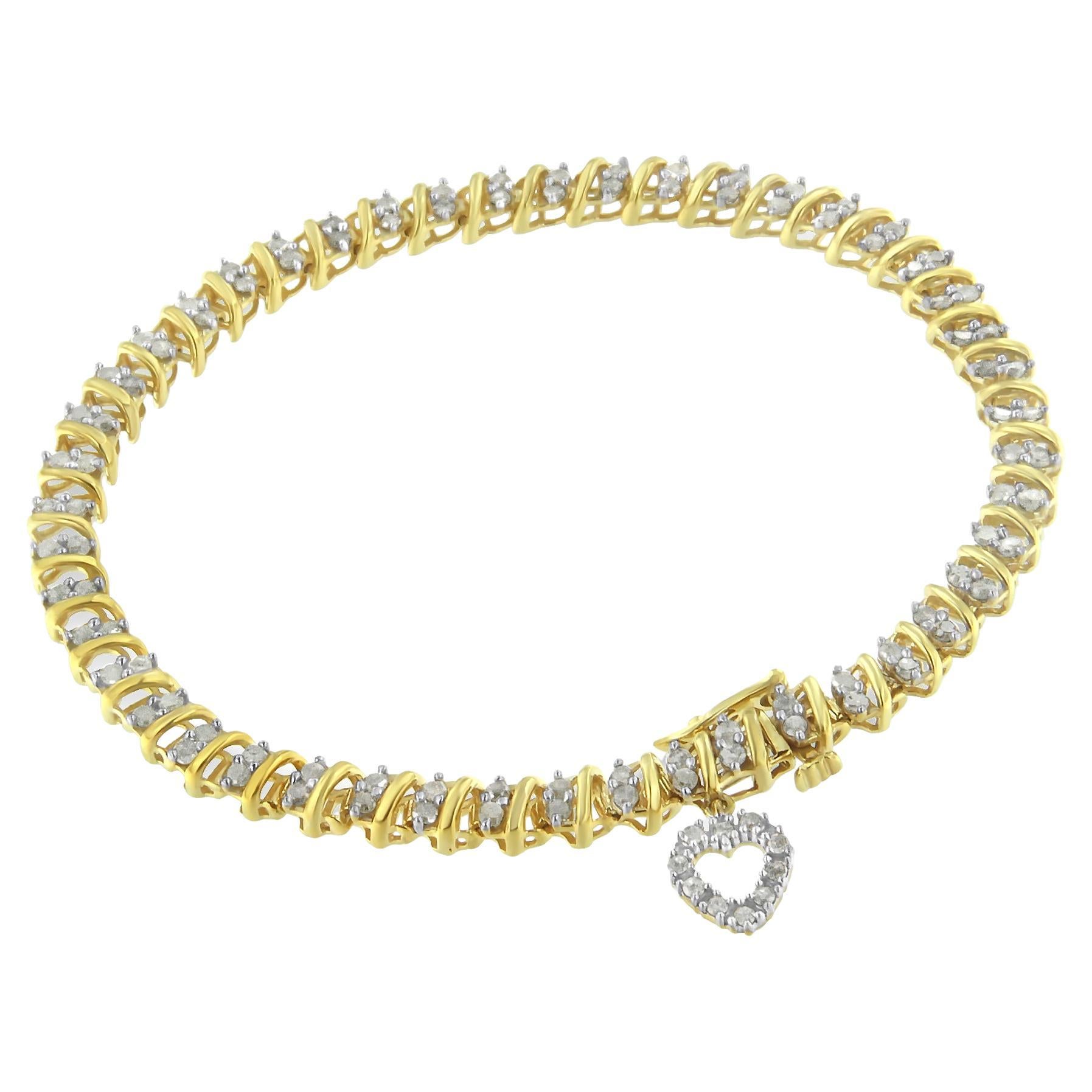 Yellow Gold Over Sterling Silver 2.0 Carat Diamond Heart Charm Link Bracelet For Sale