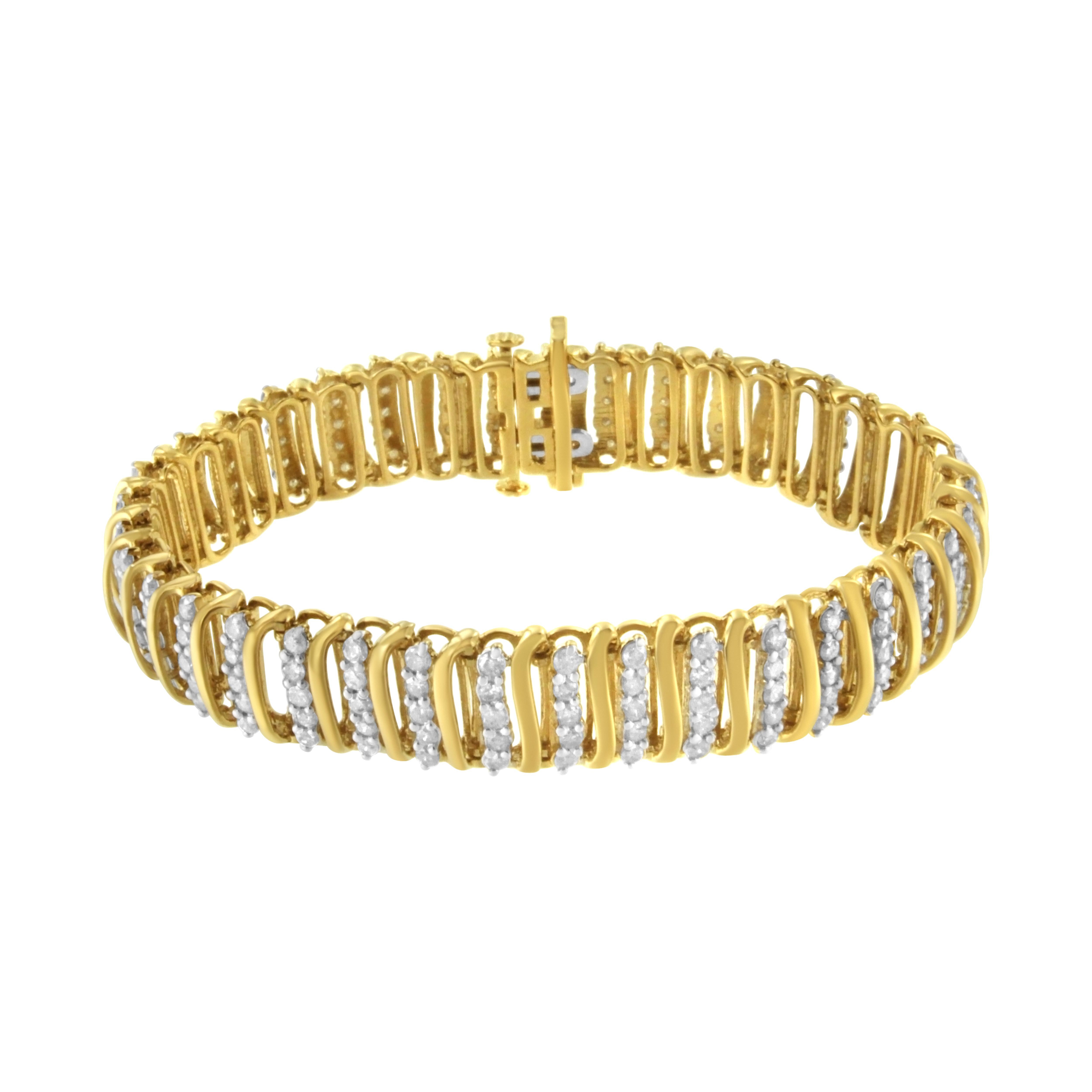 Elegant and timeless, this luxe tennis bracelet boasts an impressive 5.0 carat total weight of round cut diamonds. It features S shaped waves of 10K yellow gold plated sterling silver alternated with waved columns of 5 diamonds in shared prong