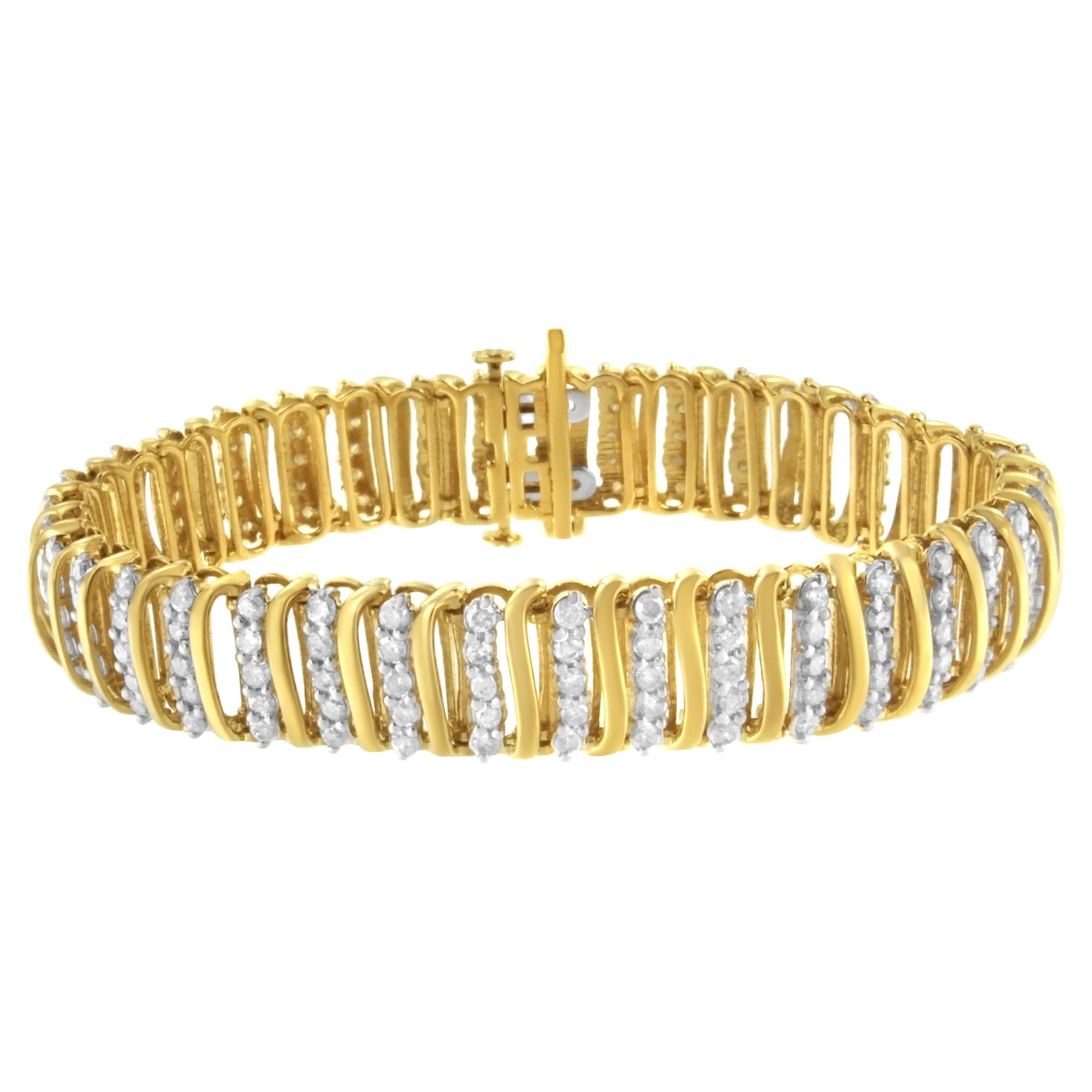 Bracelet tennis bicolore en or jaune sur argent sterling avec diamants en forme de S de 5,0 carats en vente