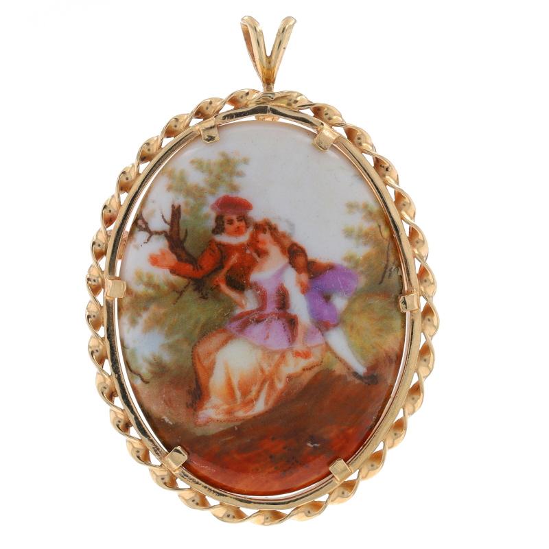 Metal Content: 14k Yellow Gold

Material Information
Painted Porcelain

Style: Convertible Brooch/Pendant
Fastening Type: Hinged Pin and Whale Tail Clasp
Theme: Romantic Couple, Pastoral Landscape
Features: Rope Border Detailing

Measurements
Tall: