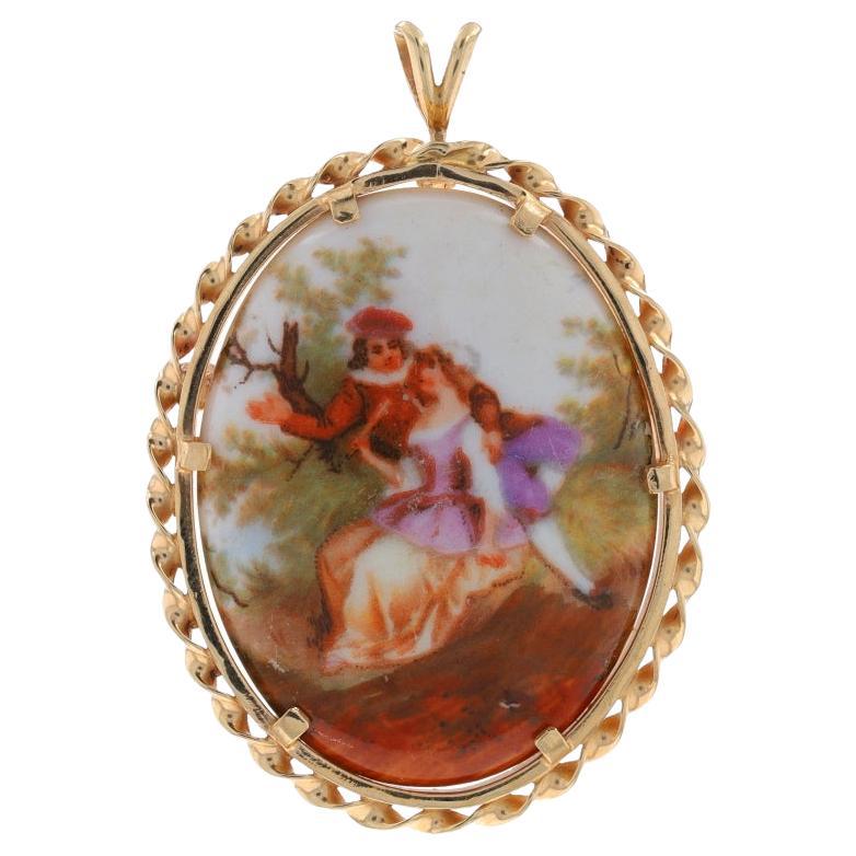Yellow Gold Painted Porcelain Brooch/Pendant - 14k Pastoral Romantic Couple Pin For Sale