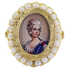 Yellow Gold Painted Portrait and Pearl Ring Antique Yellow Gold Painted Portrait and Pearl Ring