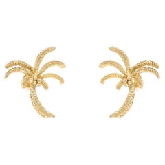 Yellow Gold Palm Tree Large Stud Earrings - 14k Tropical Beach Pierced