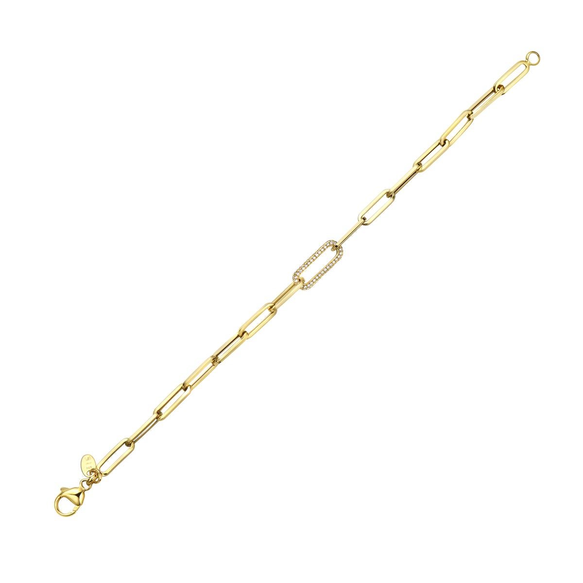 With this exquisite yellow gold paperclip diamond bracelet , style and glamour are in the spotlight. This 14 karat yellow gold bracelet is made from 4.2 grams of gold and is covered in 108 round SI1-SI2, GH color diamonds totaling 0.36ct.