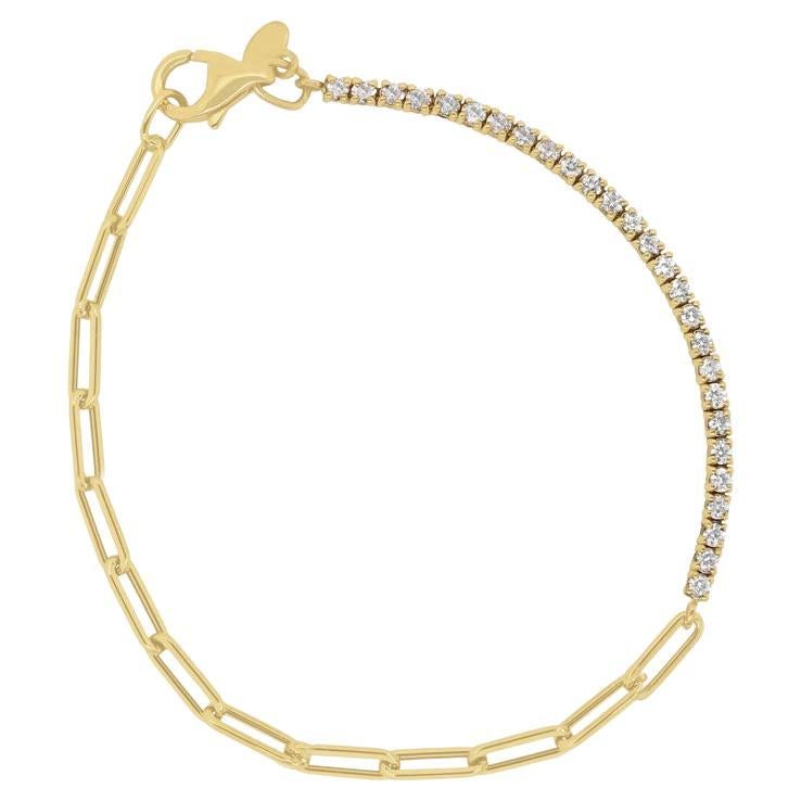Yellow Gold Paperclip and White Diamond Tennis Bracelet For Sale
