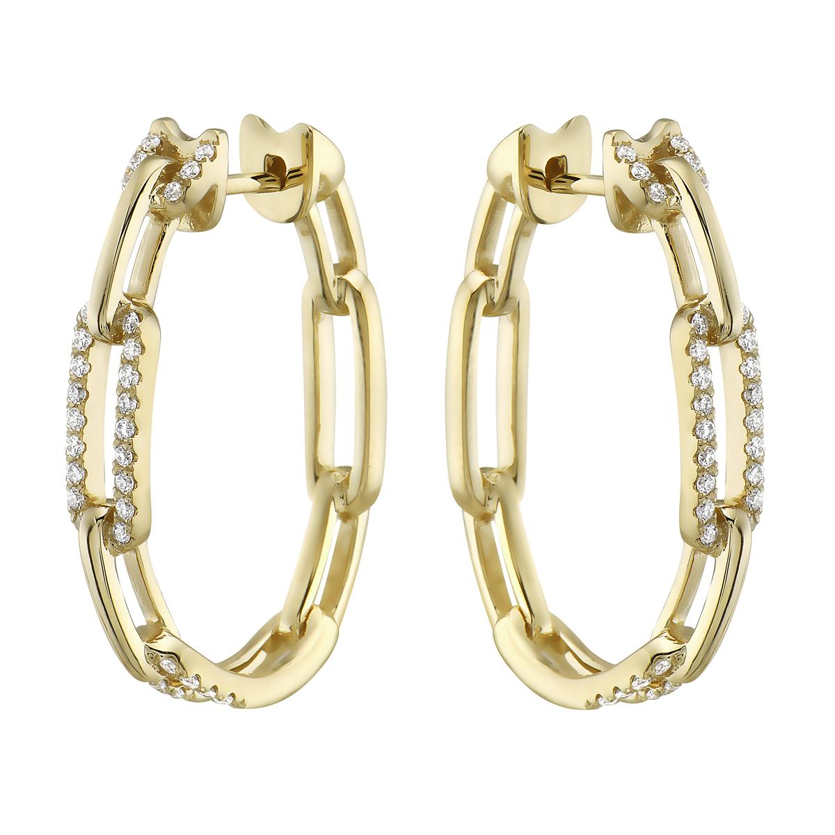 With these exquisite yellow gold hoop earrings, style and glamour are in the spotlight. These hoops are set in 14-carat gold, made out of 5.9 grams of gold. The color of the diamonds is GH. The clarity is SI1-OSI2. These earrings are made out of 64