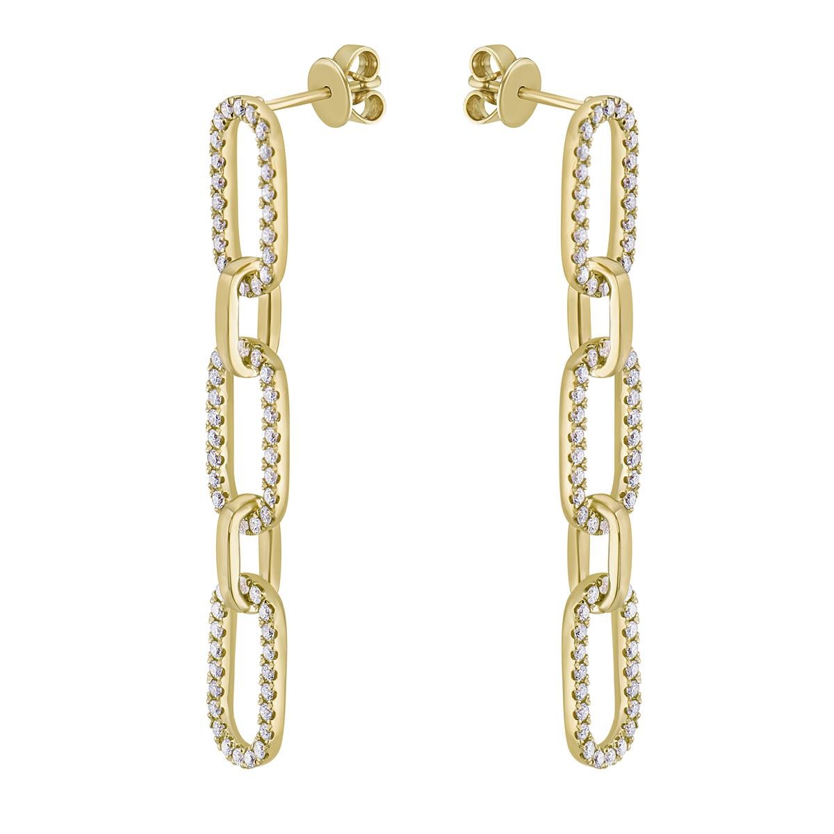 With these exquisite yellow-gold paperclip link drop earrings, style and glamour are in the spotlight. These 14-carat earrings are made from 4.3 grams of gold. These earrings are adorned with SI-SI2, GH color diamonds, made out of 132 diamonds