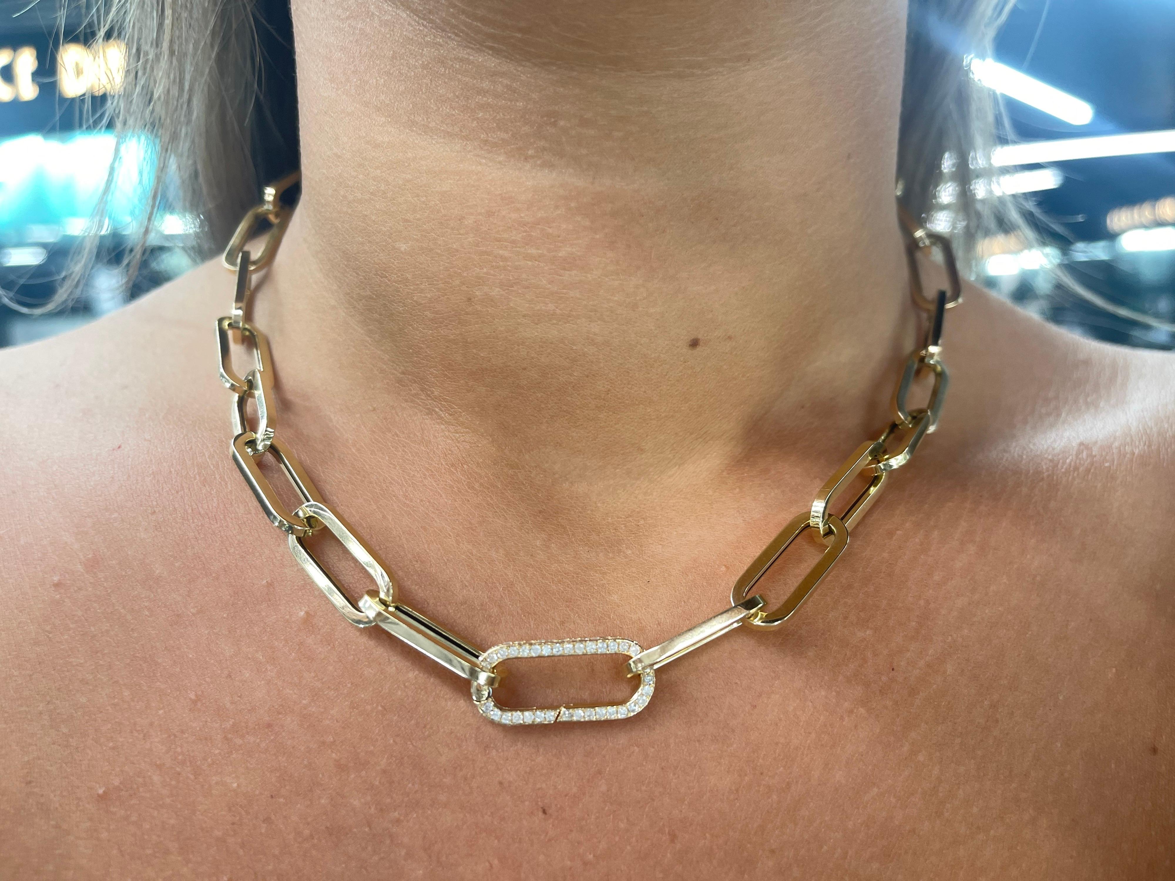 Round Cut Yellow Gold Paperclip Necklace with Yellow Gold Diamond Link