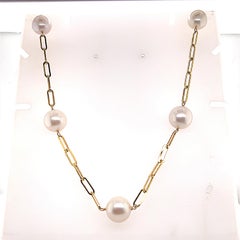Yellow Gold Paperclip with Freshwater Pearl Tin Cup Necklace