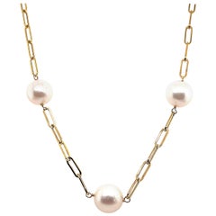 Yellow Gold Paperclip with Freshwater Pearl Tin Cup Necklace