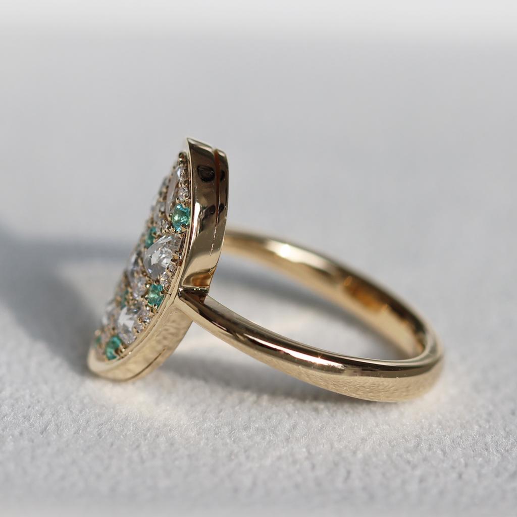 Victorian Yellow Gold Paraiba Tourmaline, Rose-Cut Brilliant-Cut Marquise Diamond Ring