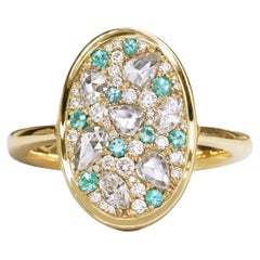 Yellow Gold Paraiba Tourmaline, Rose-Cut Brilliant-Cut Marquise Diamond Ring