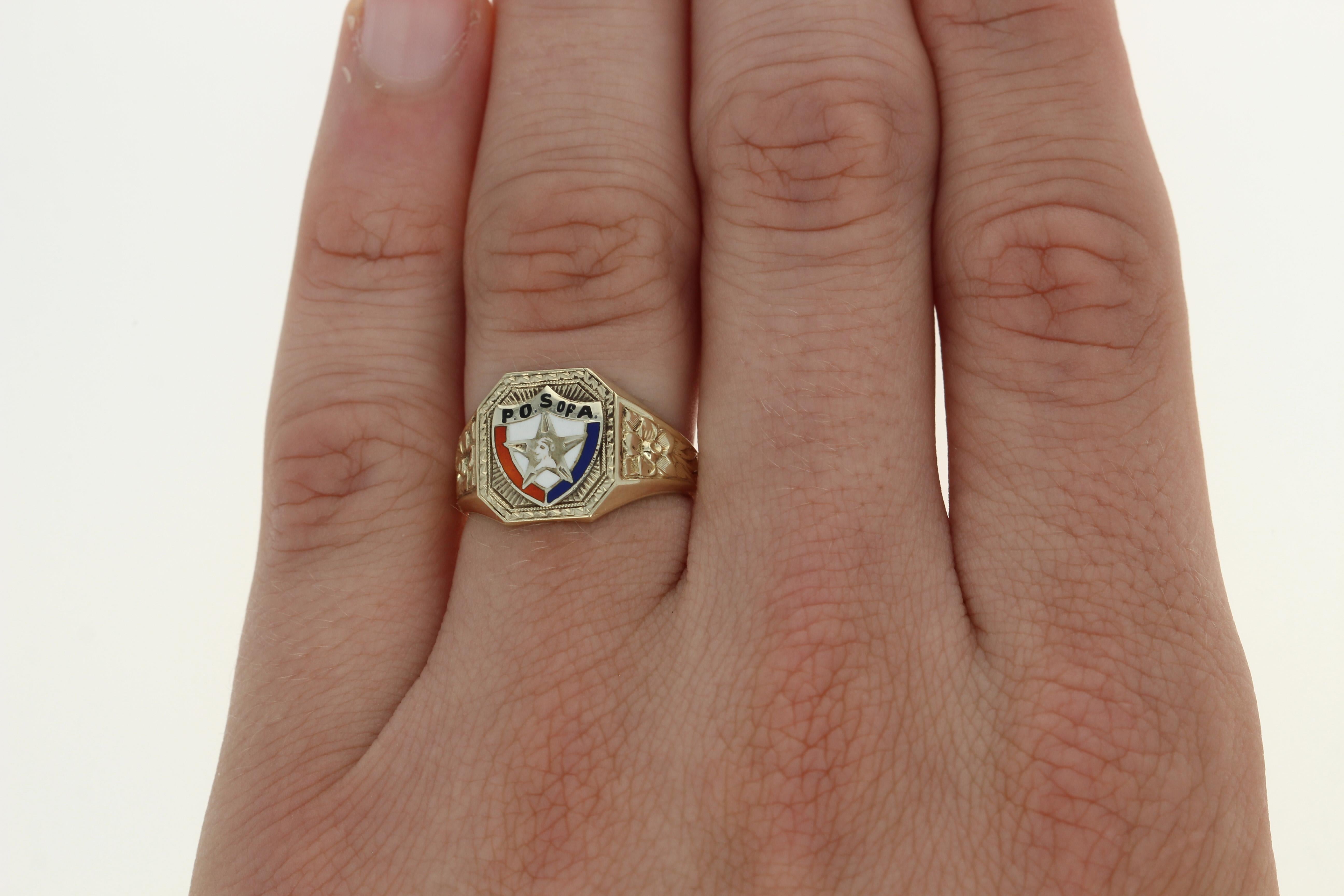 Yellow Gold Patriotic Order Sons of America Ring, 10k Enamel P.O.S. of A. Men's 3