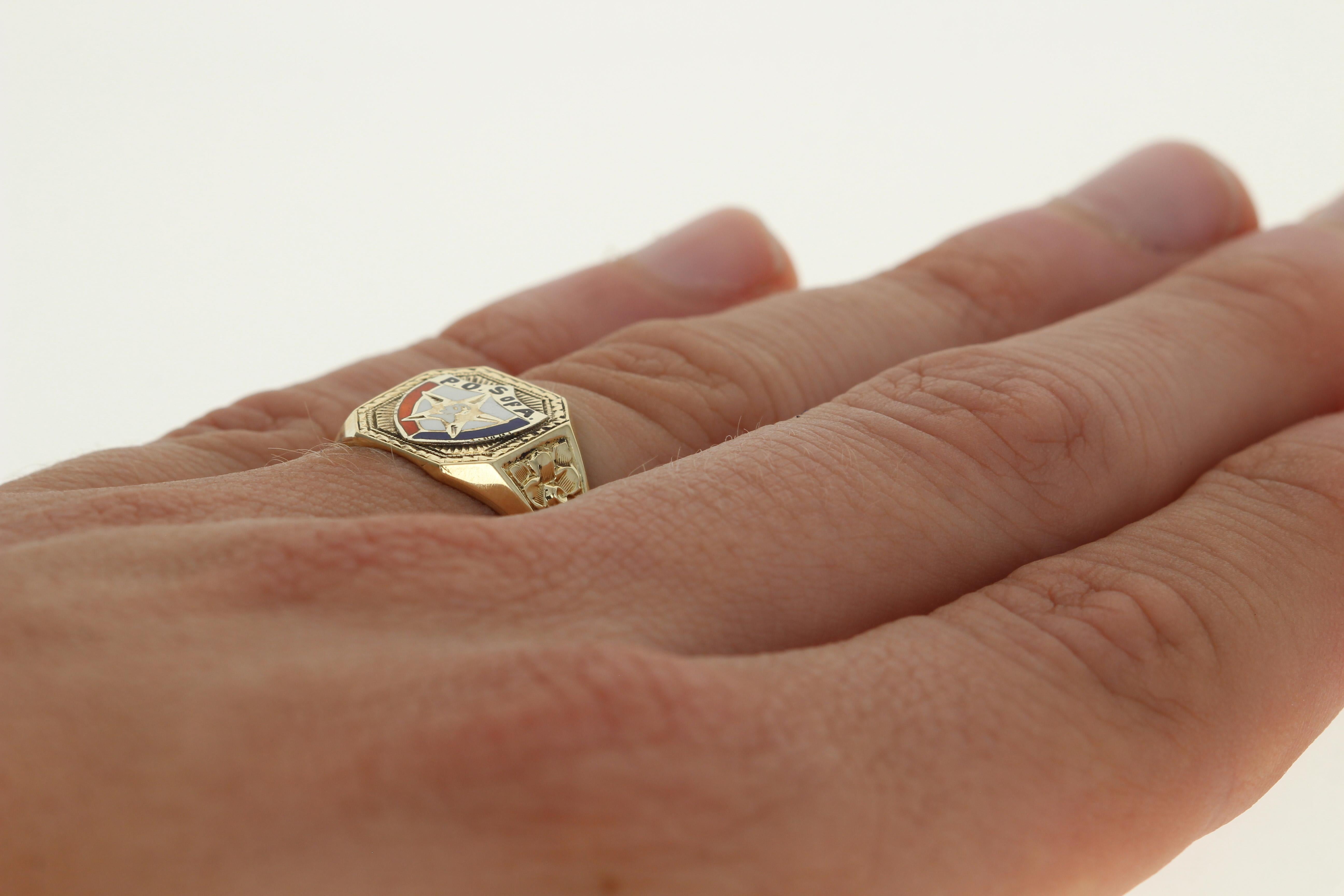 Yellow Gold Patriotic Order Sons of America Ring, 10k Enamel P.O.S. of A. Men's 4