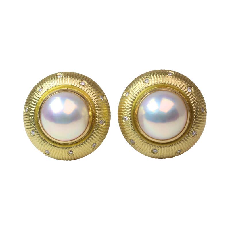 18 Karat Yellow Gold Mabe Pearl Button Earrings with .72 Carat Diamonds ...
