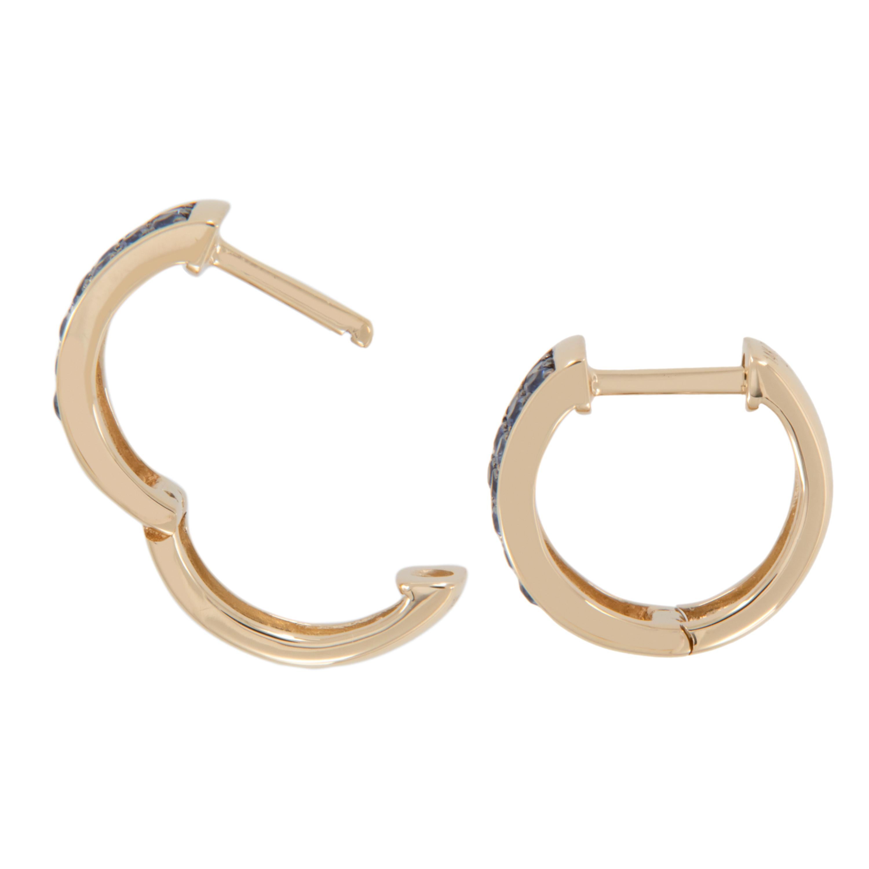 Contemporary Yellow Gold Pave' Blue Sapphire Mini Hoop Earrings  For Sale