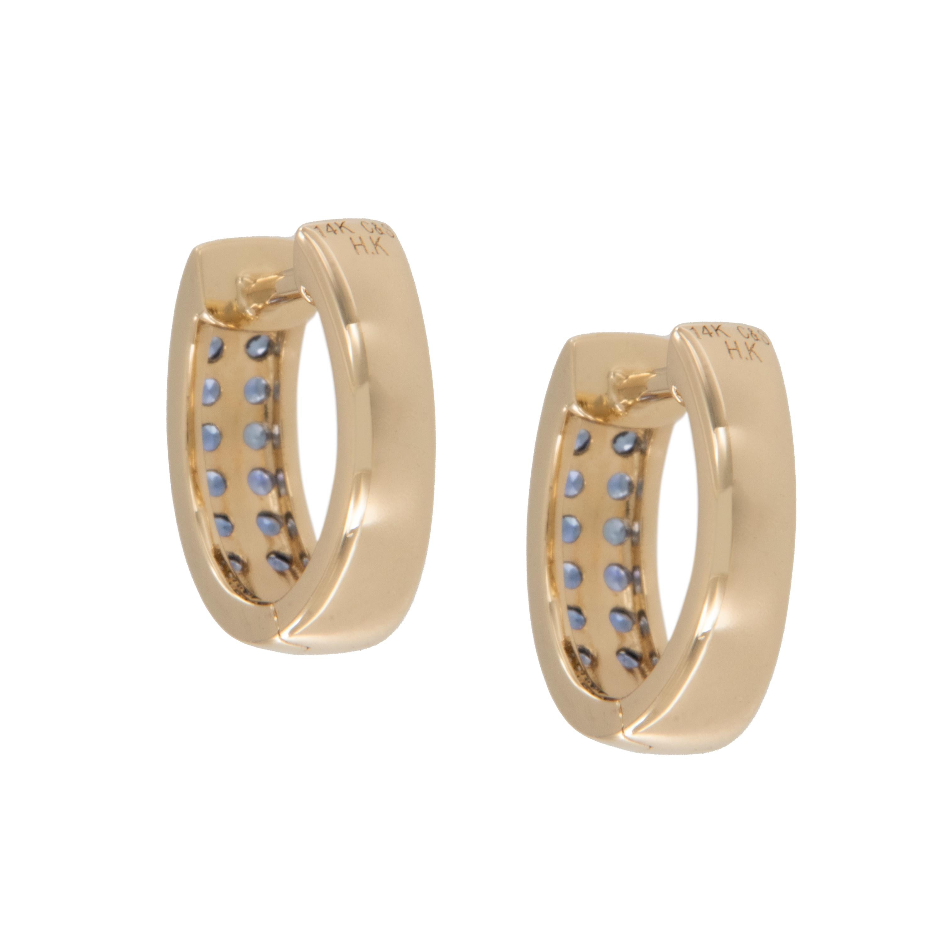 Round Cut Yellow Gold Pave' Blue Sapphire Mini Hoop Earrings  For Sale