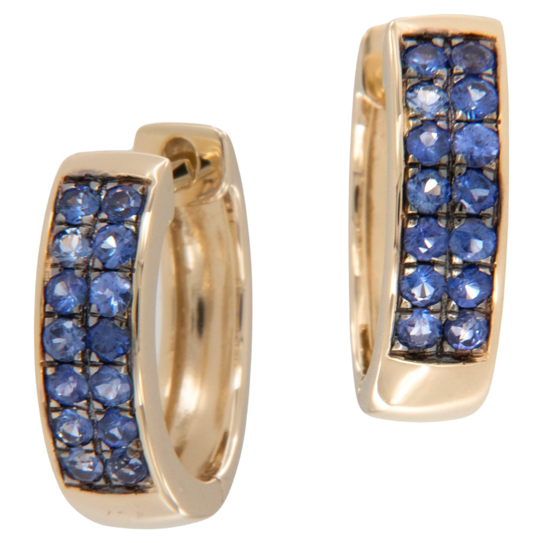 Yellow Gold Pave' Blue Sapphire Mini Hoop Earrings  For Sale