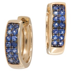 Yellow Gold Pave' Blue Sapphire Mini Hoop Earrings 