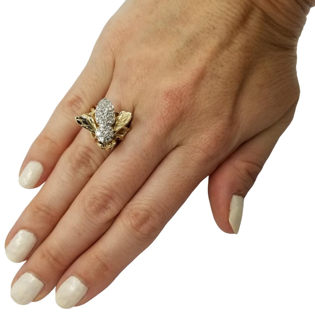 14 Karat Yellow Gold Bee Ring Featuring 20 Round Diamonds Totaling Approximately 0.50 Carat of VS Clarity & H Color. Honeycomb Design Underneath Pave Diamond Bee, Current Finger Size is 5.5; Purchase Includes One Free Sizing. Finished Weight is 8.8