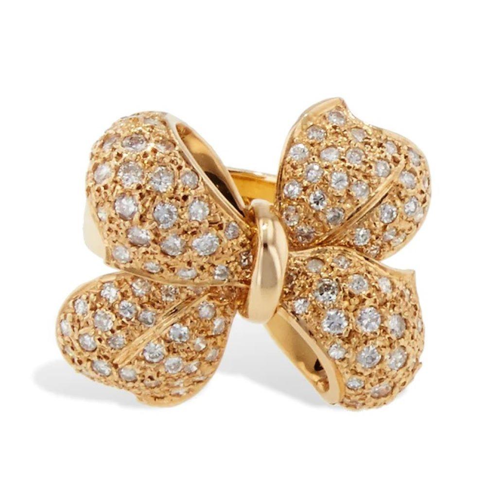Round Cut Yellow Gold Pave Diamond Bow Cocktail Ring