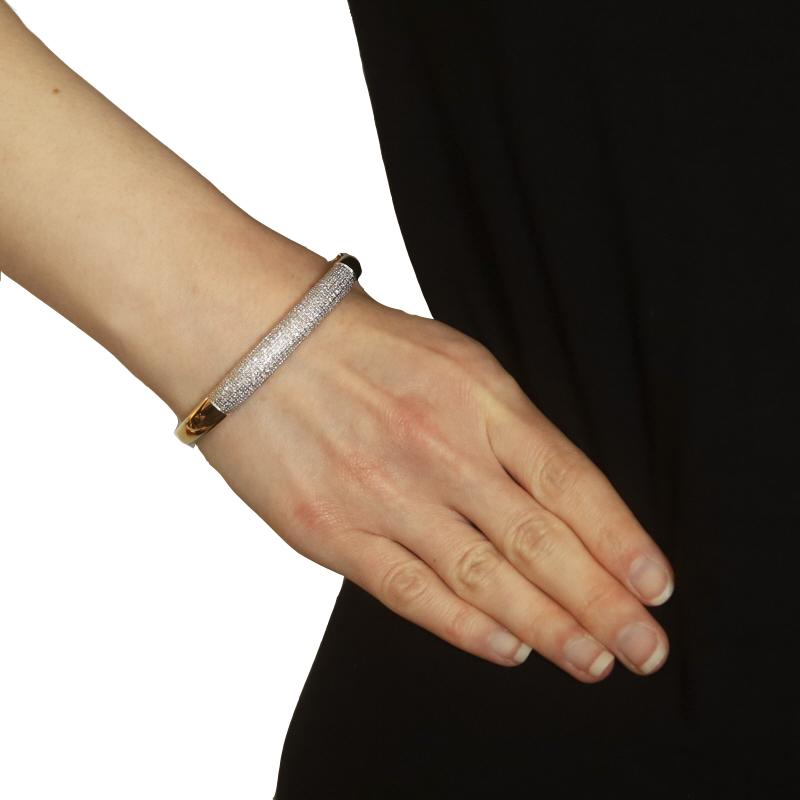 Yellow Gold Pave Diamond Cluster Bangle Bracelet 7 1/4