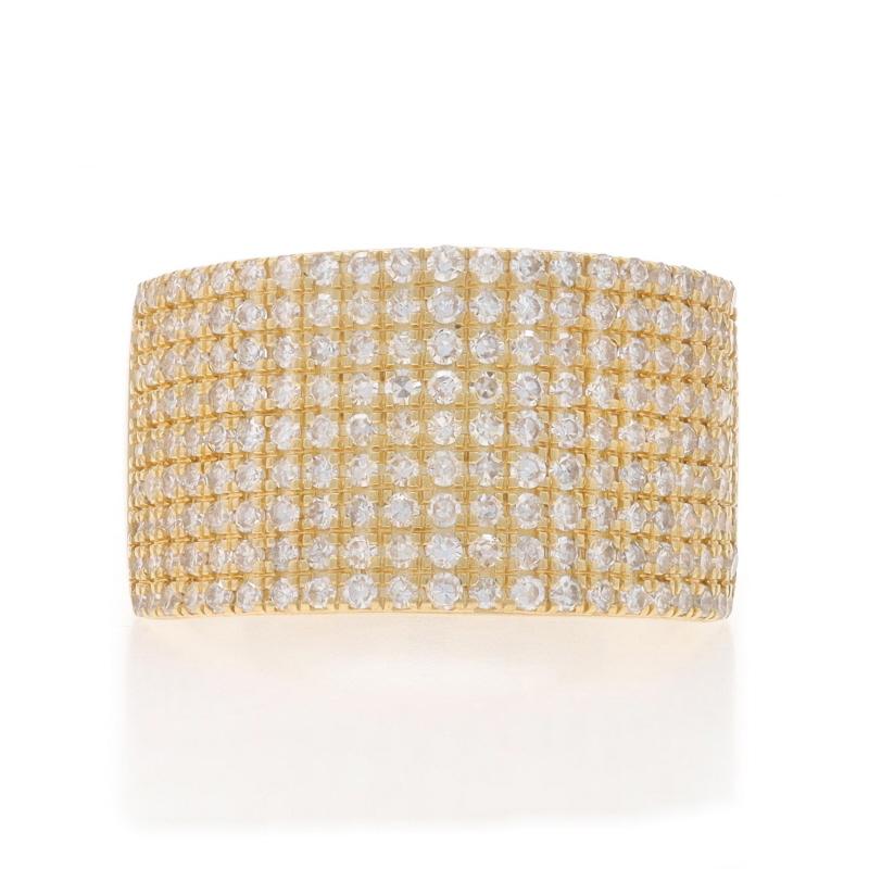 Size: 5 1/2
Sizing Fee: Up 1 size for $40

Metal Content: 14k Yellow Gold

Stone Information

Natural Diamonds
Carat(s): 1.50ctw
Cut: Single
Color: G - H
Clarity: VS1 - VS2

Total Carats: 1.50ctw

Style: Cluster Cocktail Band
Features: Pave Set