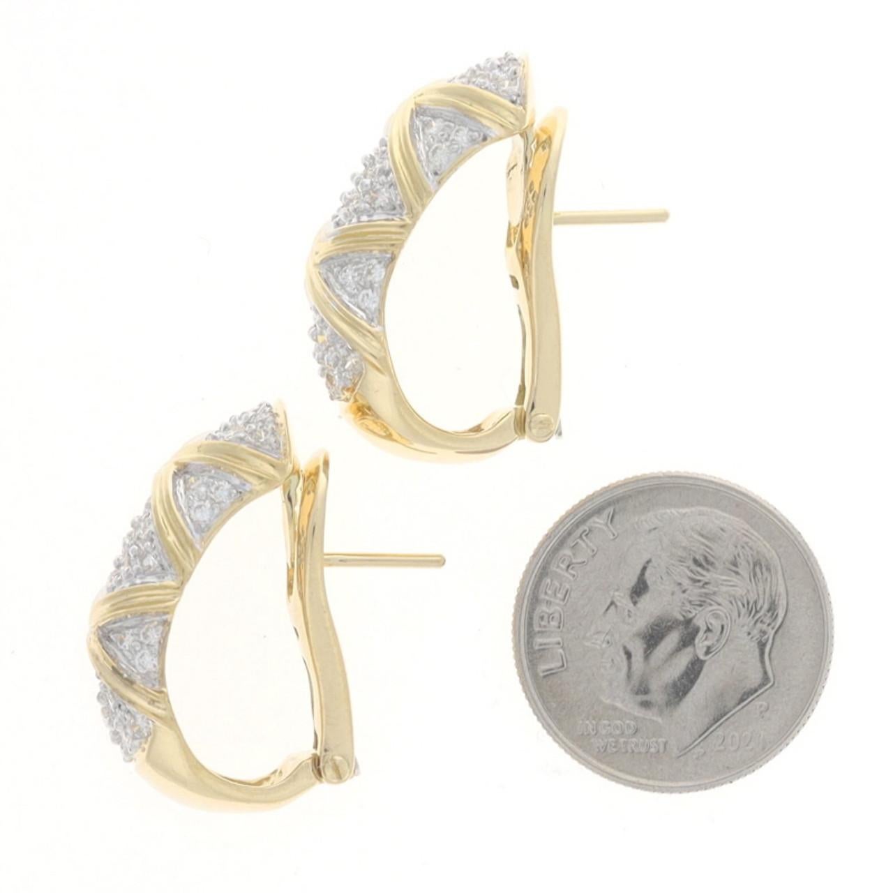 Round Cut Yellow Gold Pavé Diamond Cluster J-Hoop Earrings 18k 1.20ctw Crossover Lattice