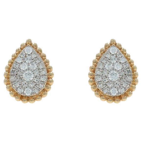 Yellow Gold Pave Diamond Cluster Stud Earrings - 10k .25ctw Teardrop Pierced