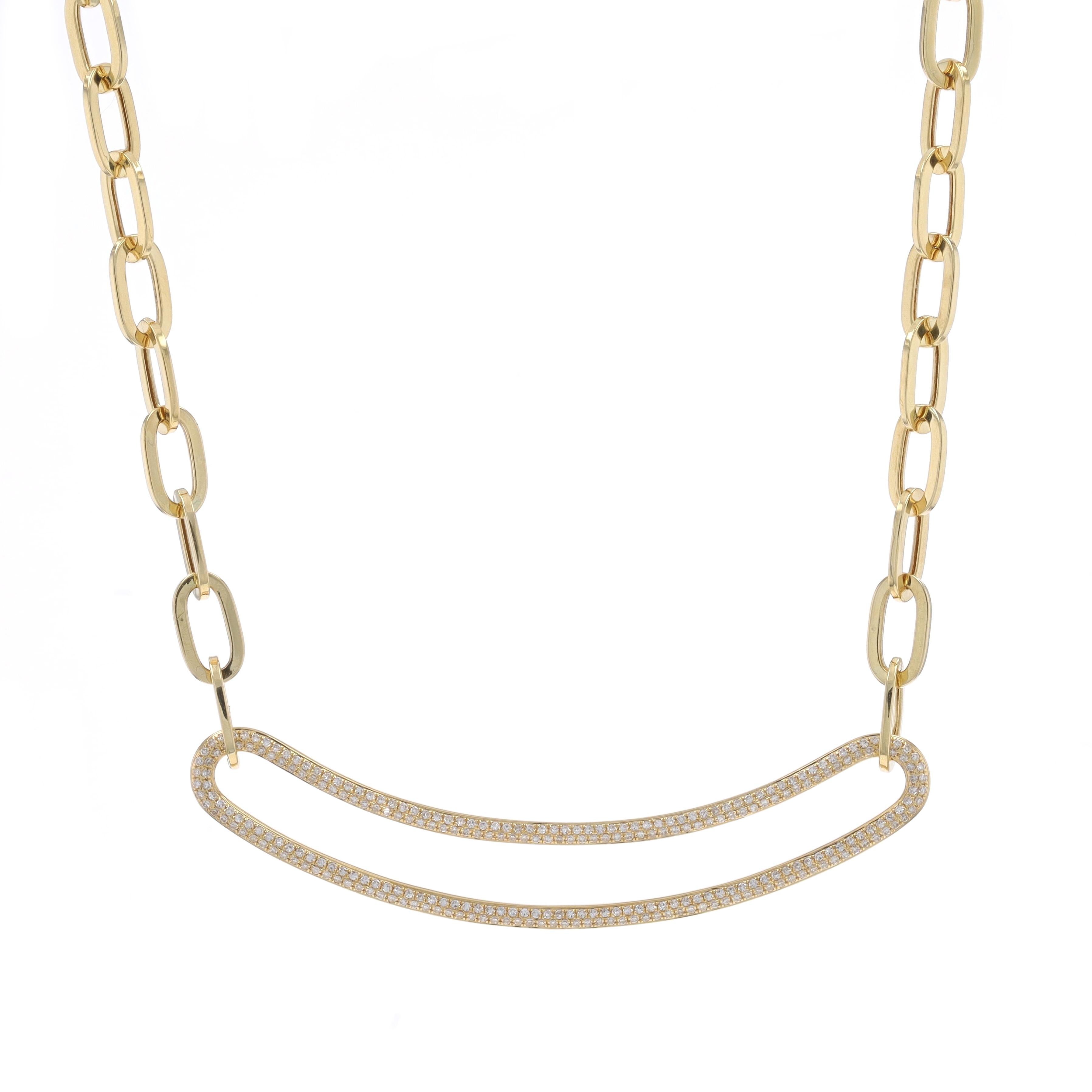 Metal Content: 14k Yellow Gold

Stone Information

Natural Diamonds
Carat(s): .62ctw
Cut: Single
Color: F - G
Clarity: VS1 - VS2

Total Carats: 0.62ctw

Style: Curved Bar
Chain Style: Paperclip
Necklace Style: Chain
Fastening Type: Snap Lock