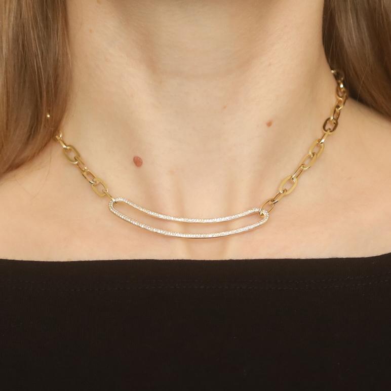Yellow Gold Pavé Diamond Curved Bar Necklace 14 1/2
