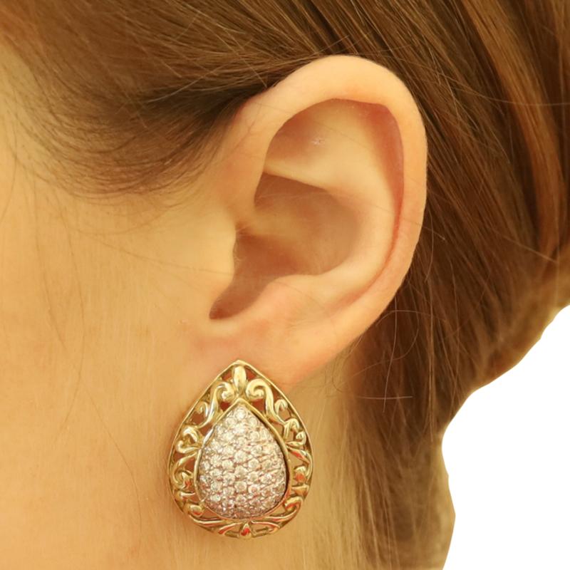Taille ronde Clous d'oreilles en or jaune pavé de diamants en forme de grande grappe - 14k Rd 2,50ctw en vente