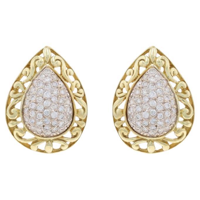 Yellow Gold Pave Diamond Large Cluster Stud Earrings - 14k Rd 2.50ctw Teardrop